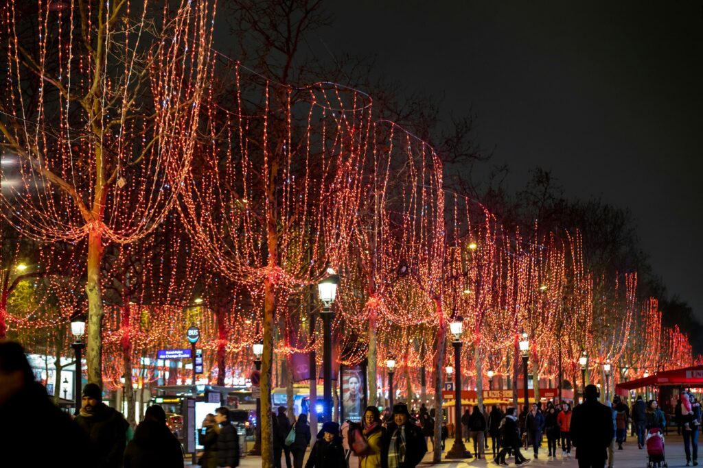 A bustling tree-lined road in Paris